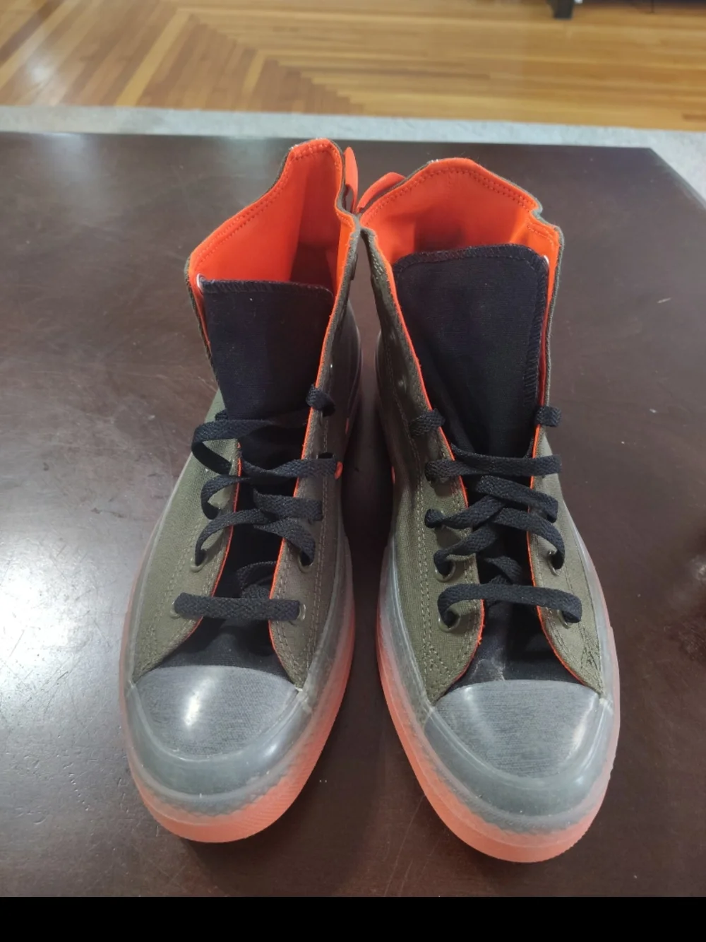 Converse Cx High-Top Sneakers in Olive Green with Bright Orange Lining - Picture 1 of 5